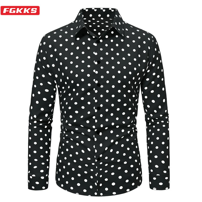 FGKKS 2023 New Brand Men's Polka Dot Shirts Cotton Long Sleeve Shirts Male Slim Fit Business Casual Floral Dress Man Shirt