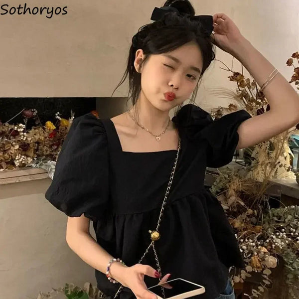 Blouses Women Square Collar Sweet Loose French Style Puff Sleeve Chic Ruffles Simple Ulzzang Solid Fashion Temper Student Summer