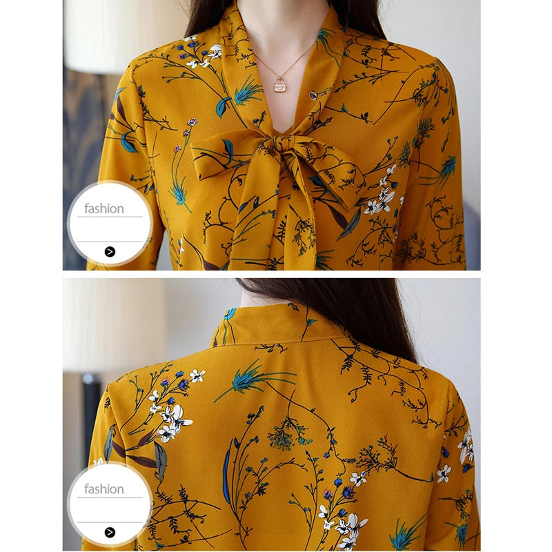 Chiffon Shirt Female Summer 2023 New Bow V Collar White Printing Transparent Women Tops Flare Sleeve Women Blouse Shirt 807A