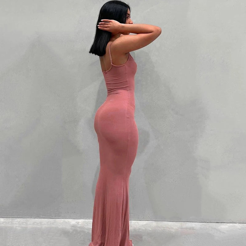 Women Backless Sexy Maxi Dress 2022 Spring Satin Slip Sleeveless Slim Party Concise платье Female Bodycon Dress Elegant Clothing