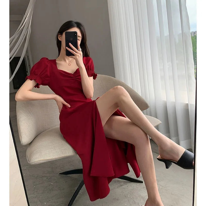 Solid Puff Short-Sleeved Elegant Dress Women Clothing Wedding Guest New Year Women Fashion High Waist Slim Evening Party Dresses