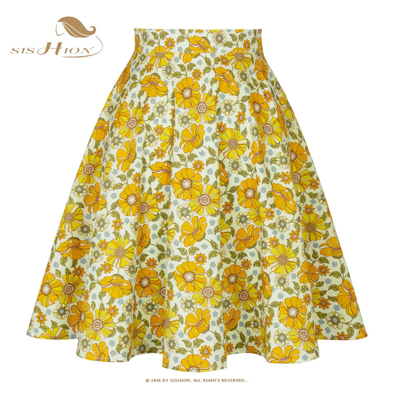 SISHION 2023 New Black Summer Skirt High Waist Floral Print Polka Dot Ladies Plaid Women Skirt Swing Vintage Skirts Womens
