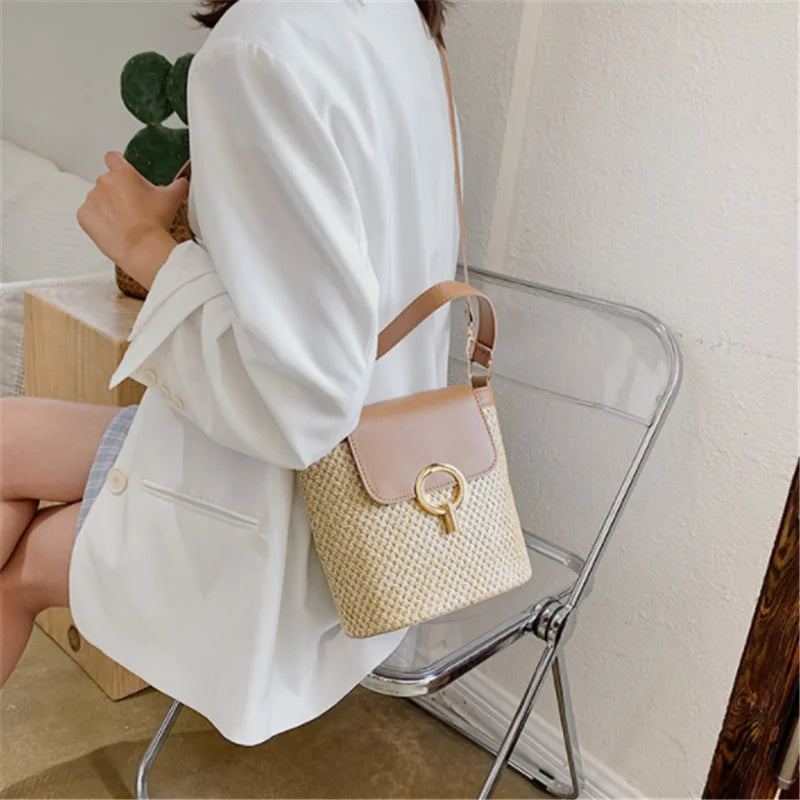 Small Straw Bag Bucket For Women 2022 Summer Crossbody Bags Rattan Bags Beach Lady Travel Purses And Handbags Shoulder Bag Bolsa