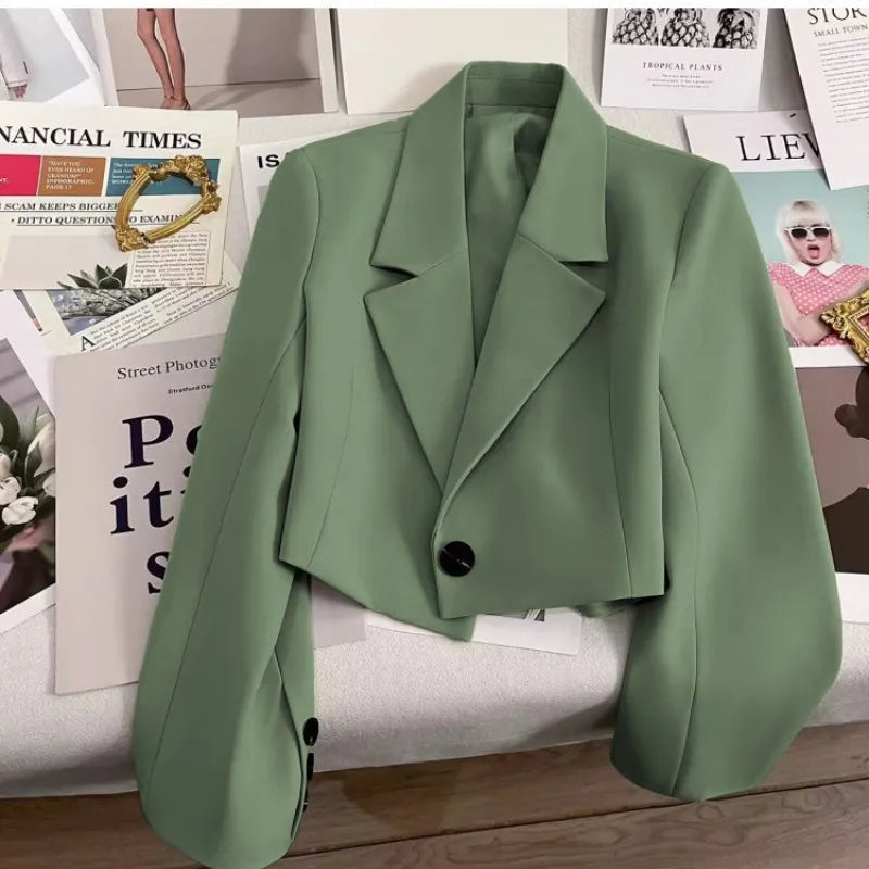 Korean Cropped Blazers Women Autumn Solid Color Simple Single-button Outwear Teens All-match Long Sleeve Office Lady Suit Jacket