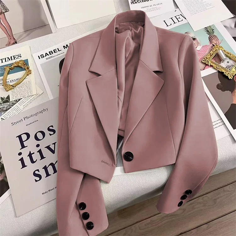 Korean Cropped Blazers Women Autumn Solid Color Simple Single-button Outwear Teens All-match Long Sleeve Office Lady Suit Jacket