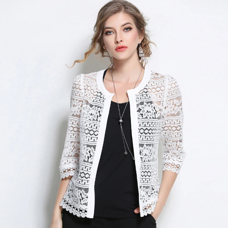 Women Clothing 2023 Ladies White Lace Blouse Summer Cardigan Black White Crochet Sexy Female Blouses Women Tops Blusas 883F