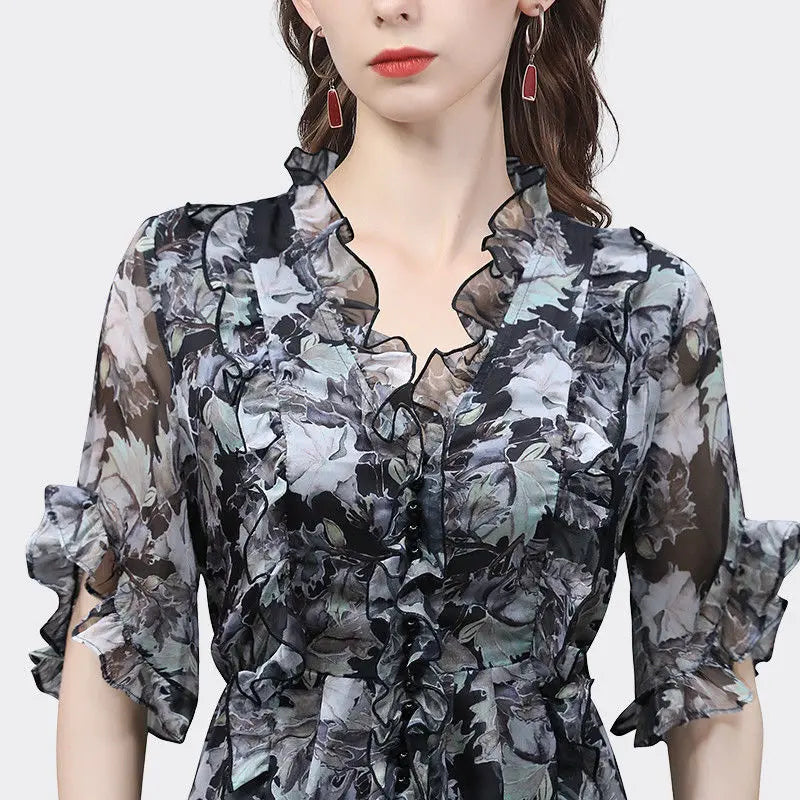 Y2K Elegant Vintage Women Chic Chiffon Shirts Summer New Office Lady Fashion Short Sleeve Casual Ruffles V-neck Pullover Bloouse