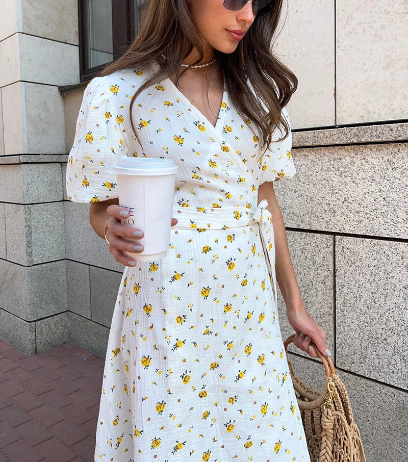 Casual Women's Summer Dresses 100% Cotton Floral Print A-line Midi Dress with Side Slits Long Elegant White Dress for Women 2024