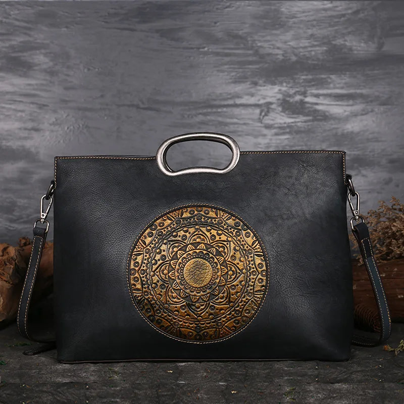 High Quality Natural Skin Women Shoulder Tote Bags Retro Handbag Totem Pattern Genuine Embossed Leather Messenger Top Handle Bag