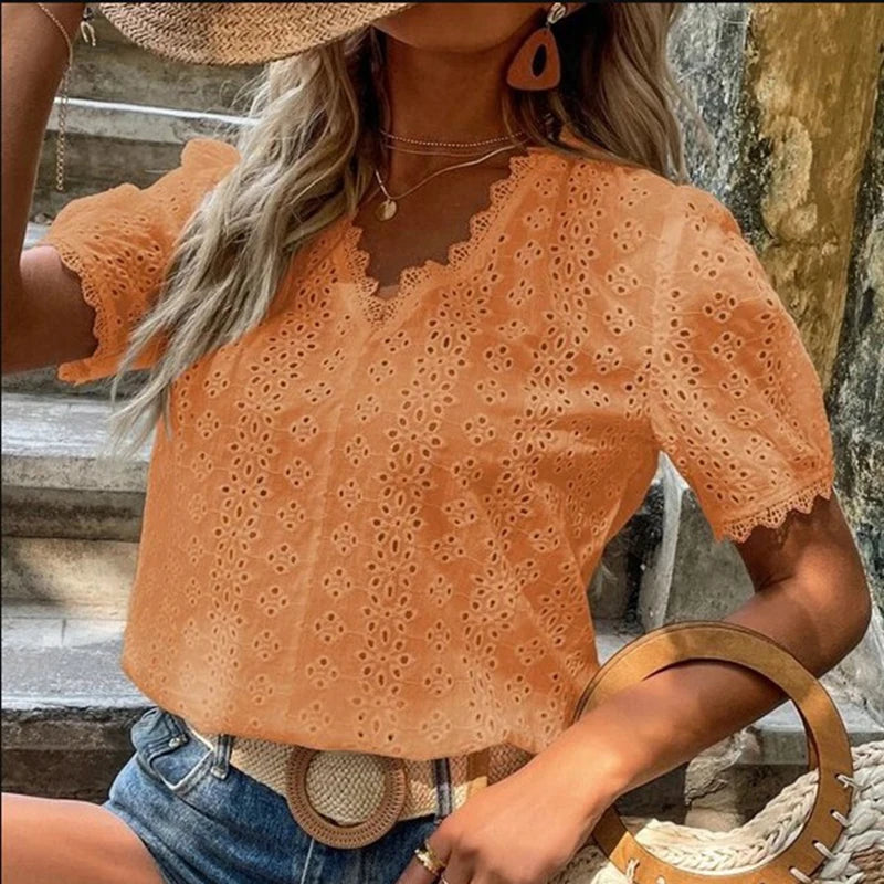 Hollow Lace Shirts Women Summer Puff Sleeve Tops Vintage Elegant Pullover White Blouse Women Fashion V-neck Solid Shirt 21385