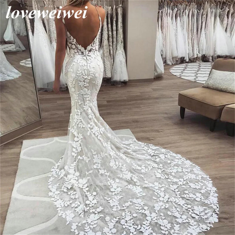 Boho Wedding Dresses Mermaid Bridal Dress 2022 Spaghetti Straps Backless Lace Appliques Beach Bride Gowns Vestido De Noiva