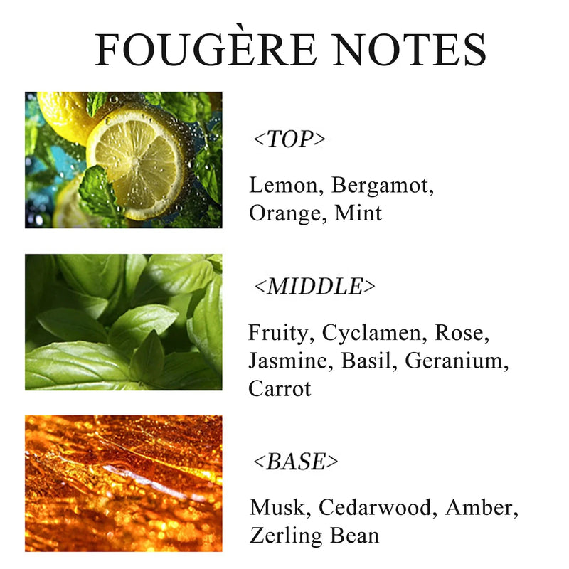 100ML 3.4FL.OZ Fougere Men's Perfume, Long Lasting EDP for Men Fresh Amber Men's Colognes, Lemon, Mint, Rose, Musk Fragrance