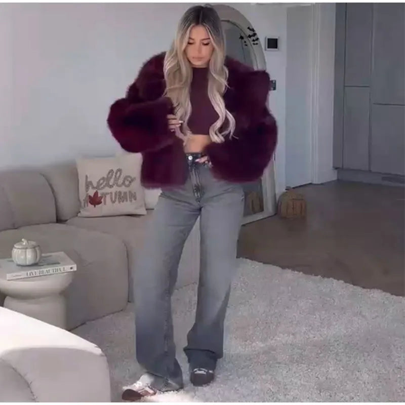 Luxury Winter Loose Women's Thick Fluffy Faux Fur Coats Fashion Solid Cropped Oversized Warm Jacket 2024 New Lady Chic Outerwear