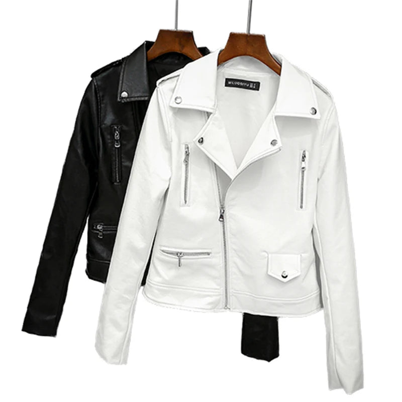 Fitaylor 2022 New Spring Autumn Women Biker Leather Jacket Soft PU Punk Outwear Casual Motor Faux Leather White Jacket
