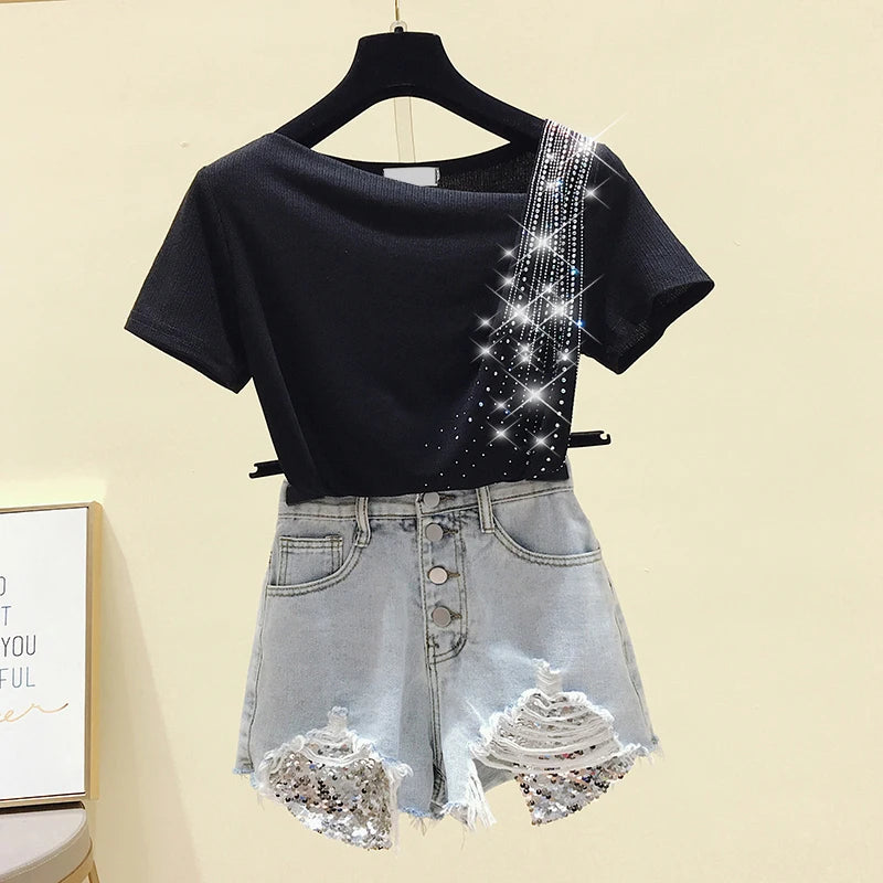 Solid Short Sleeve Tee Tops Casual Women Clothing Spring Summer New Irregular Diamonds Tops Black Blouse Femme Blusas 10016