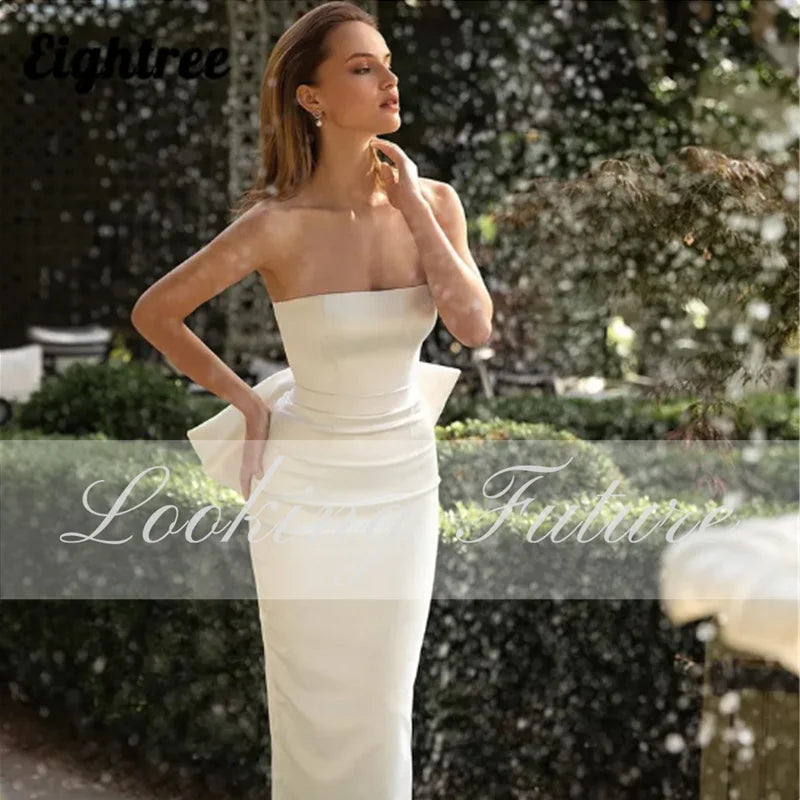 Simple White Wedding Dress Strapless Split Bridal With Bow Backless Zipper Bridal Gown Vestido De Noiva Elegant Tea-Length 2024