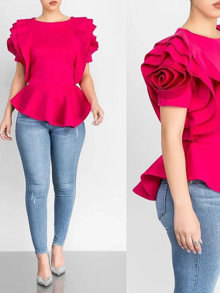 Women Blouse Tops Shirt Layers Petal Sleeves Elegant Fashion Spring Summer Rose Red Blue Black White Bluas Ruffles Classy Lady