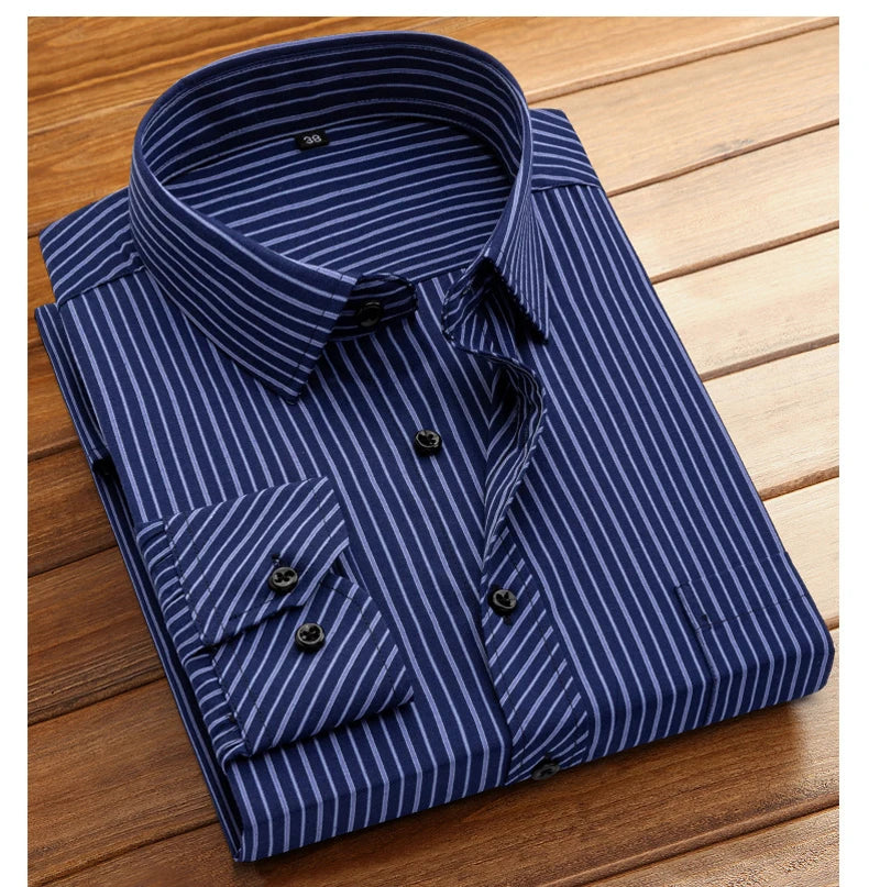 Cotton Men's Classic Long Sleeve Striped Basic Dress Shirts Single Patch Pocket Formal Business Standard-fit Office Social Shirt