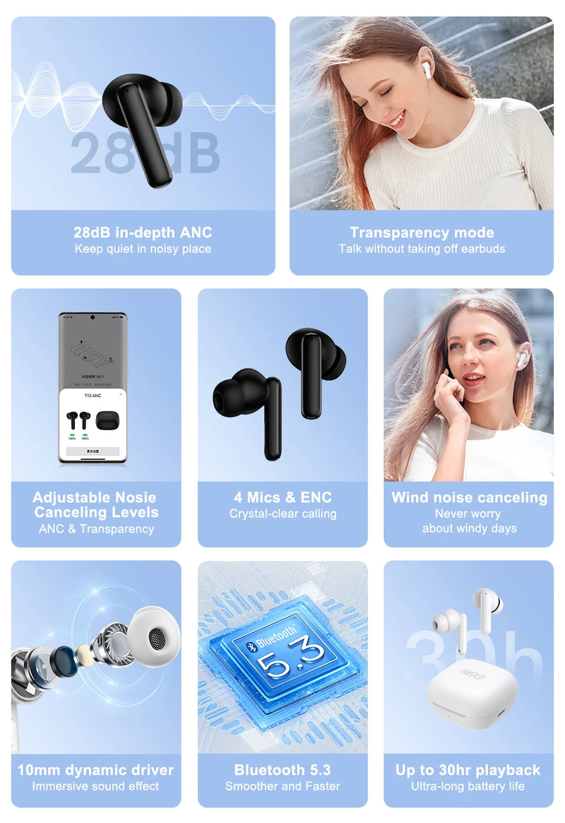 QCY T13 ANC Earphone Bluetooth 5.3 Active Noise Cancellation -28dB Wireless Headphone Fast Charge Earbuds 0.068' Low Latency