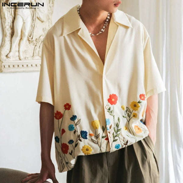 2023 Men Shirt Flower Printing Lapel Short Sleeve Loose Summer Streetwear Men Clothing Korean Style Casual Shirts S-5XL INCERUN