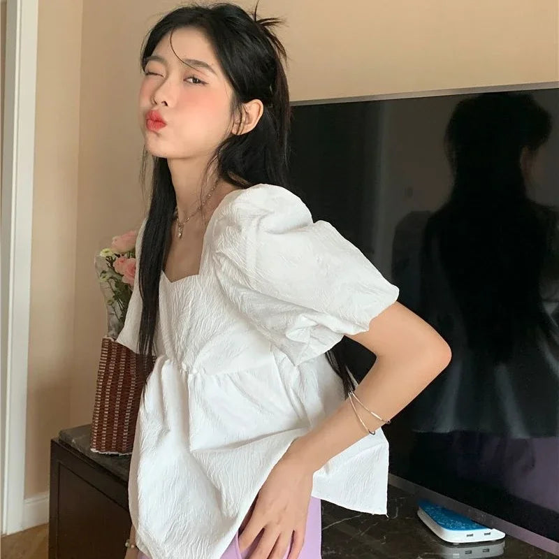 Blouses Women Square Collar Sweet Loose French Style Puff Sleeve Chic Ruffles Simple Ulzzang Solid Fashion Temper Student Summer