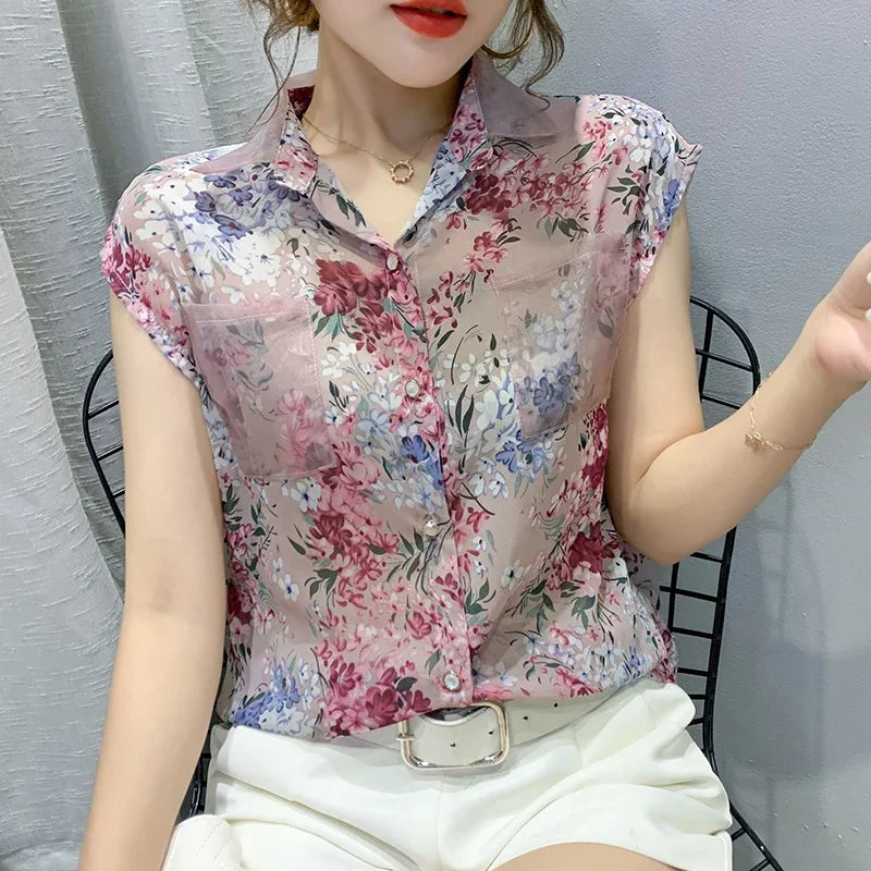 Print Blouse Women Ladies Tops Blusas Mujer Summer Floral Chiffon Women Shirts Casual Sleeveless Female Clothing 10225