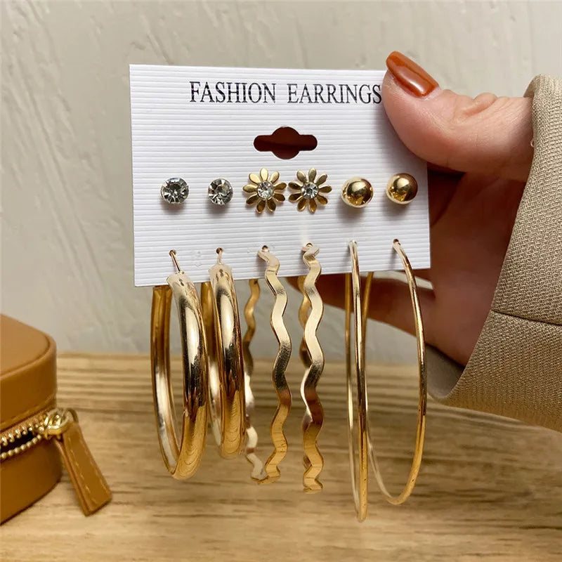 Boho Big Circle Hoop Earring Set for Women, Gold Color Bohemia Vintage Pearl Earring, Heart Zircon Ear Studs Jewelry Gifts
