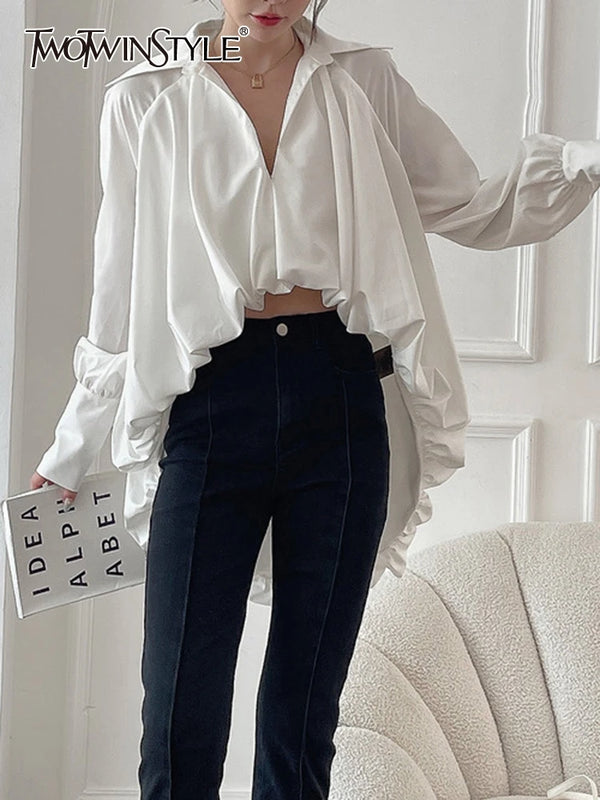 TWOTWINSTYLE White Casual Irregular Hem Shirt For Women V Neck Long Sleeve Solid Asymmetrical Blouses Female Autumn Clothing New