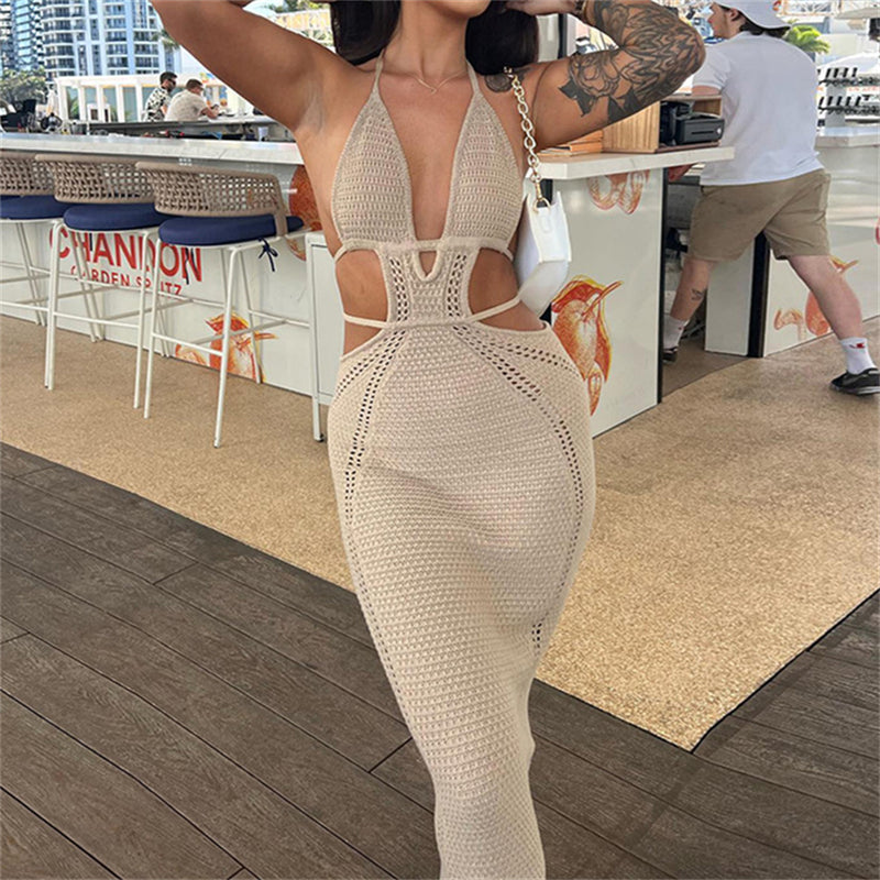 wsevypo Women Halter Tie-up Knit Crochet Beach Dress Sexy Backless Sleeveless Deep V Cutout Waist Wrapped Bodycon Dress Clubwear