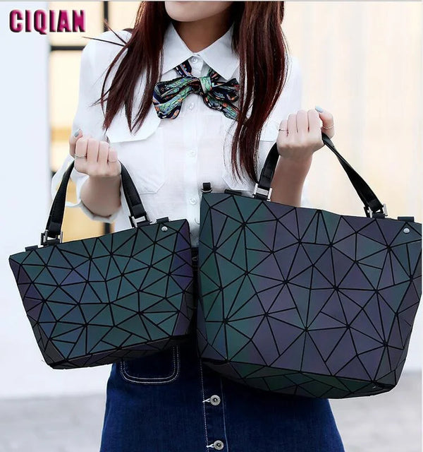 HOT Luminous Bag Women Geometry Tote Quilted Shoulder Crossbody Hologram Laser Plain Folding Handbags Geometric Large Capacity