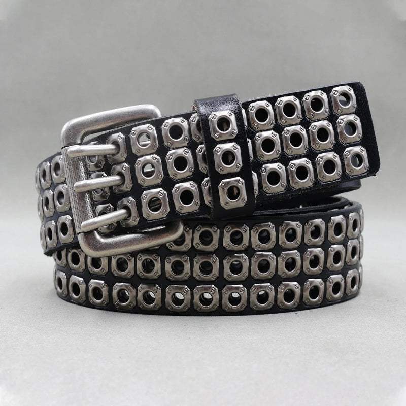 Men's and women's denim belt trend pure cowhide punk style hollow metal block rivets with leather belt is still adjustable - ZeeBelle.com