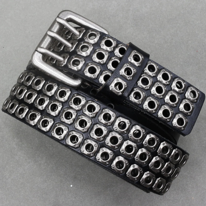 Men's and women's denim belt trend pure cowhide punk style hollow metal block rivets with leather belt is still adjustable - ZeeBelle.com