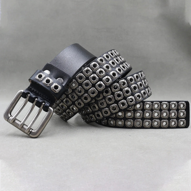 Men's and women's denim belt trend pure cowhide punk style hollow metal block rivets with leather belt is still adjustable - ZeeBelle.com