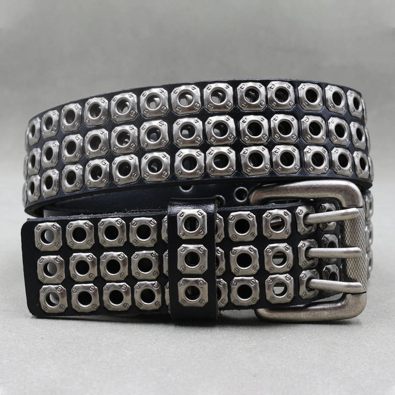 Men's and women's denim belt trend pure cowhide punk style hollow metal block rivets with leather belt is still adjustable - ZeeBelle.com