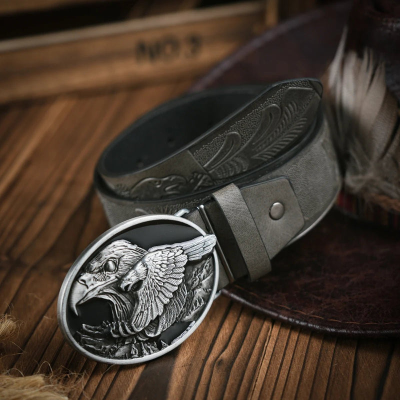 Western Cowboy Leather Buckle Belts eagle Pattern Floral Engraved Buckle Belt for Men - ZeeBelle.com