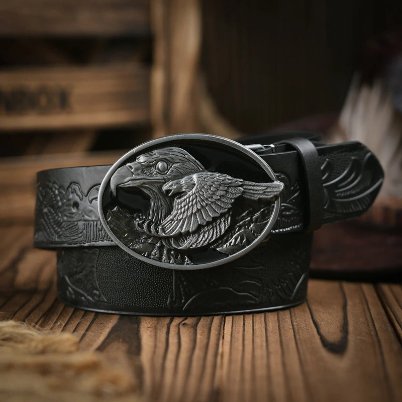 Western Cowboy Leather Buckle Belts eagle Pattern Floral Engraved Buckle Belt for Men - ZeeBelle.com