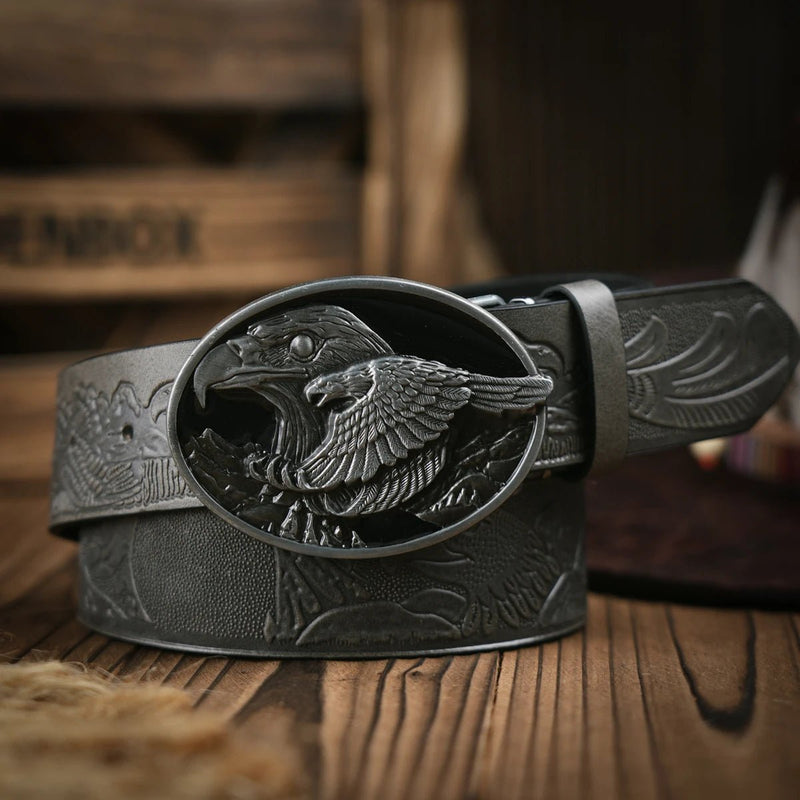 Western Cowboy Leather Buckle Belts eagle Pattern Floral Engraved Buckle Belt for Men - ZeeBelle.com