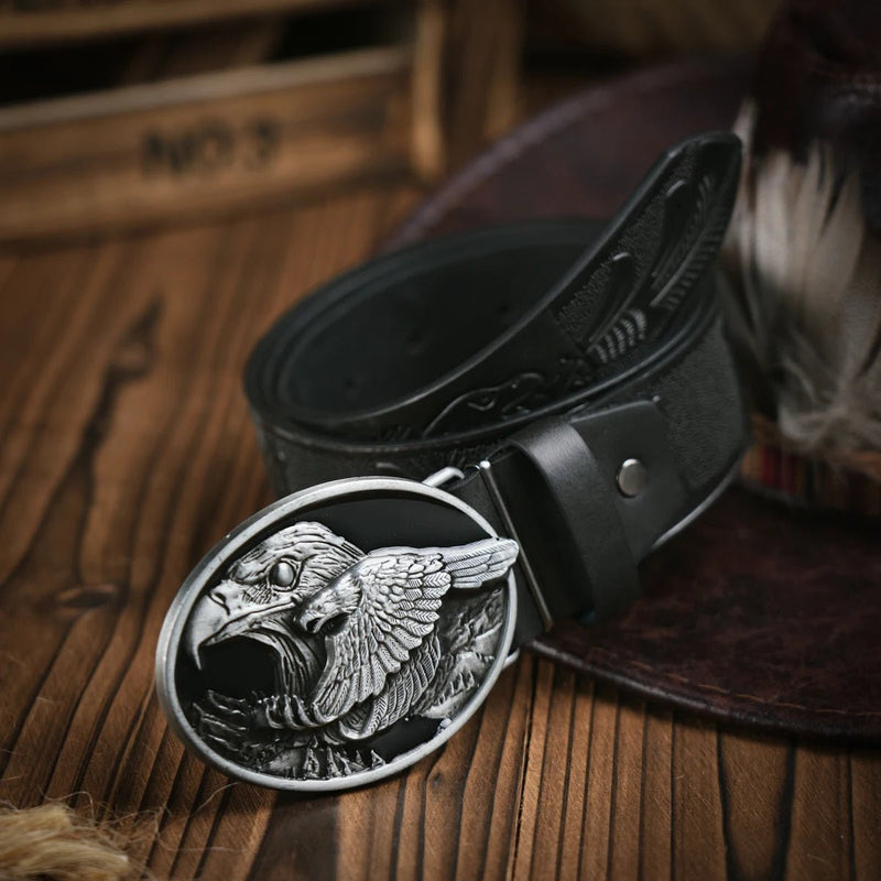 Western Cowboy Leather Buckle Belts eagle Pattern Floral Engraved Buckle Belt for Men - ZeeBelle.com