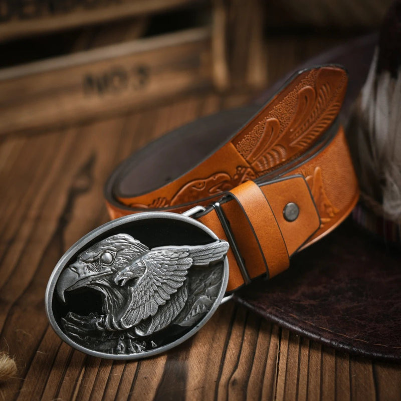 Western Cowboy Leather Buckle Belts eagle Pattern Floral Engraved Buckle Belt for Men - ZeeBelle.com