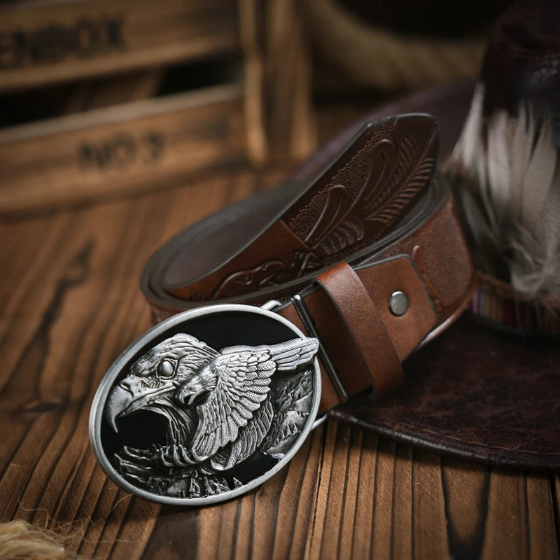 Western Cowboy Leather Buckle Belts eagle Pattern Floral Engraved Buckle Belt for Men - ZeeBelle.com