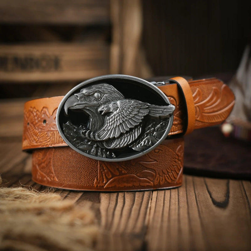 Western Cowboy Leather Buckle Belts eagle Pattern Floral Engraved Buckle Belt for Men - ZeeBelle.com