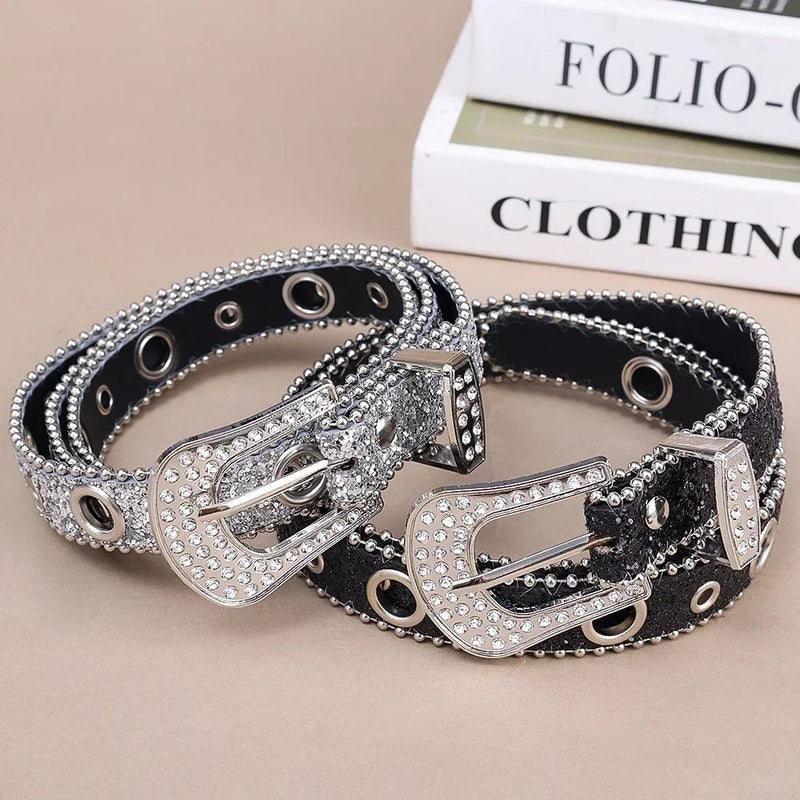 Y2K Women Fashion Solid Print Studded Full Rhinestone Belt PU Leather Bling Crystal Adjustable Glitter Waistband for Club Party - ZeeBelle.com