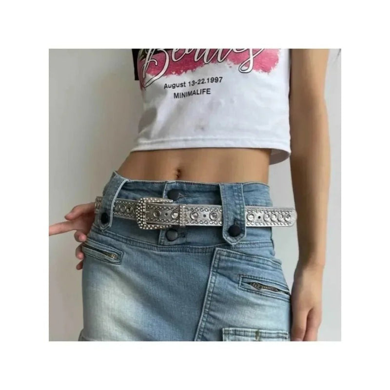 Y2K Women Fashion Solid Print Studded Full Rhinestone Belt PU Leather Bling Crystal Adjustable Glitter Waistband for Club Party - ZeeBelle.com