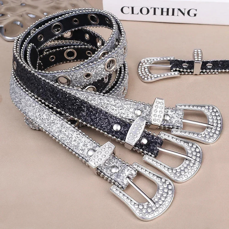 Y2K Women Fashion Solid Print Studded Full Rhinestone Belt PU Leather Bling Crystal Adjustable Glitter Waistband for Club Party - ZeeBelle.com