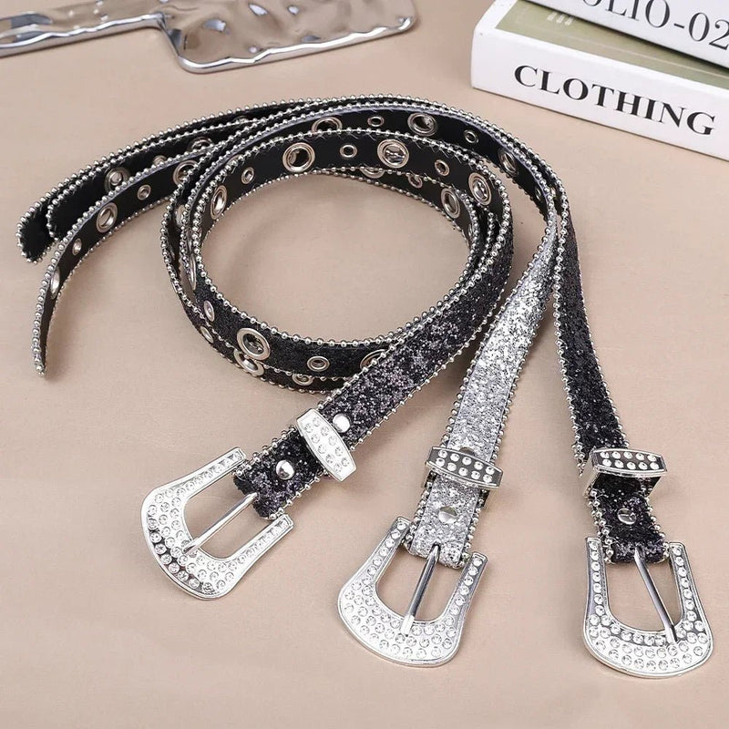 Y2K Women Fashion Solid Print Studded Full Rhinestone Belt PU Leather Bling Crystal Adjustable Glitter Waistband for Club Party - ZeeBelle.com