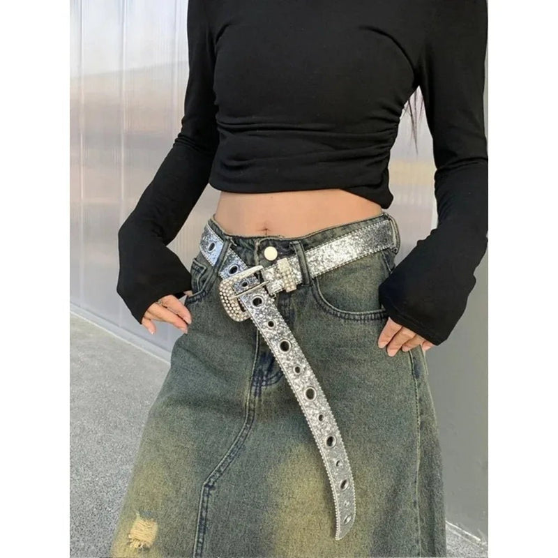 Y2K Women Fashion Solid Print Studded Full Rhinestone Belt PU Leather Bling Crystal Adjustable Glitter Waistband for Club Party - ZeeBelle.com