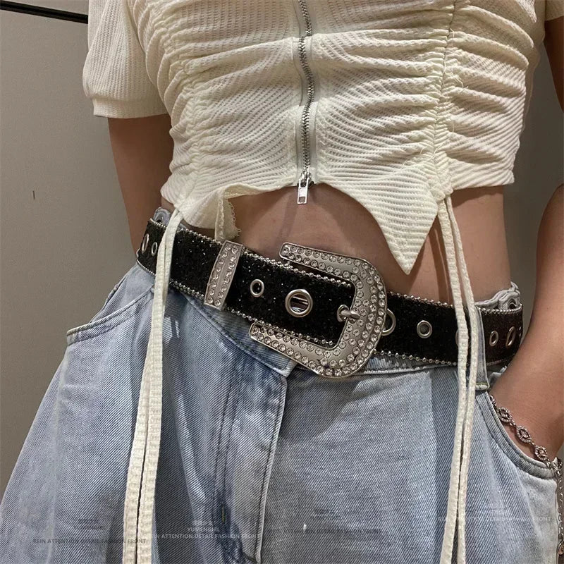 Y2K Women Fashion Solid Print Studded Full Rhinestone Belt PU Leather Bling Crystal Adjustable Glitter Waistband for Club Party - ZeeBelle.com